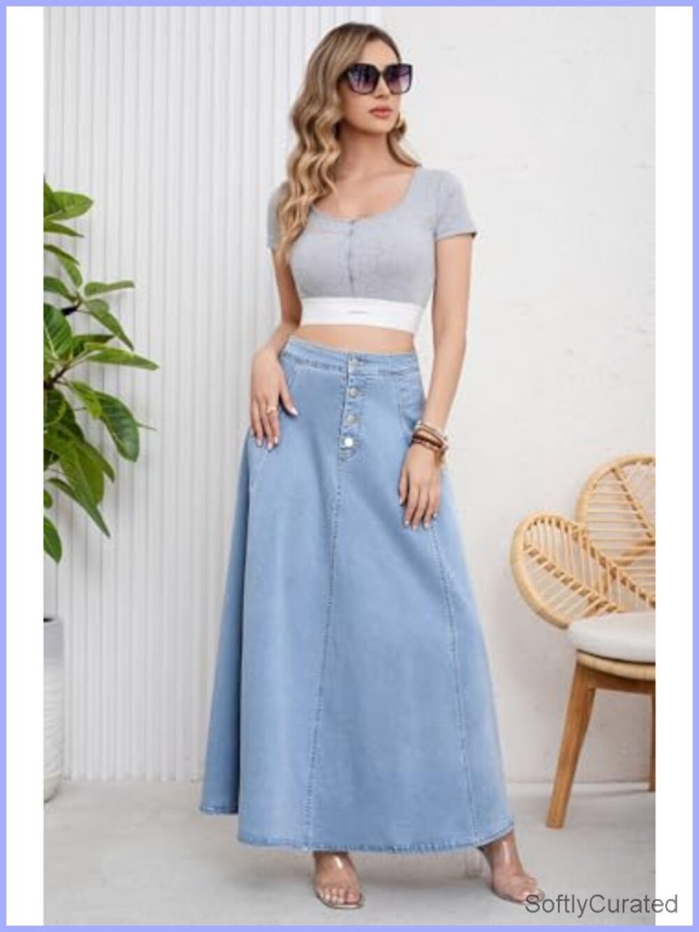 Retro High Waisted Flared Denim Maxi Skirt Pleated A-Line Swing - Picture 4 of 6